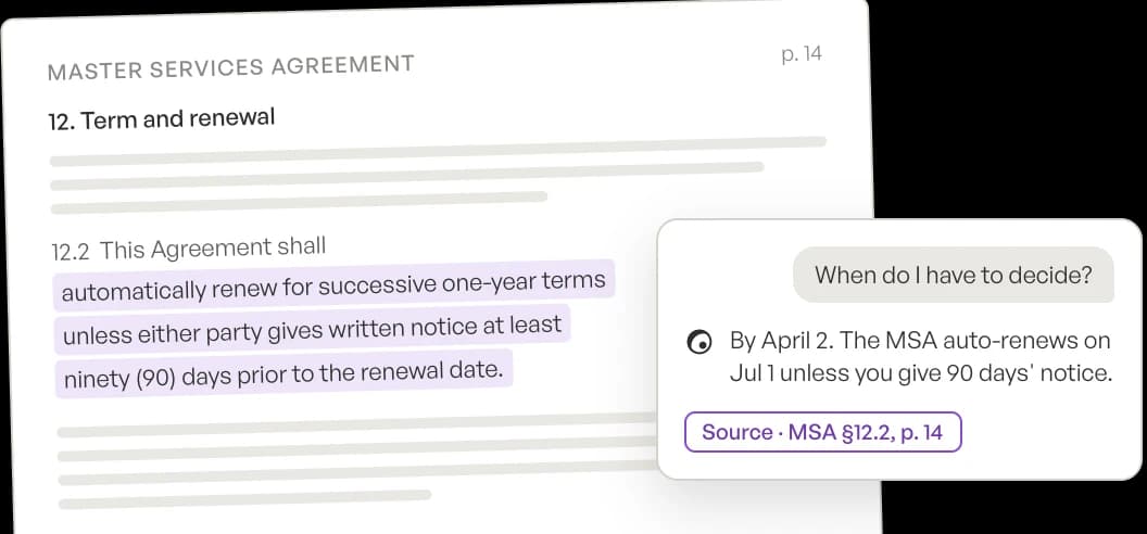 An answer about a vendor with a citation to the clause it came from