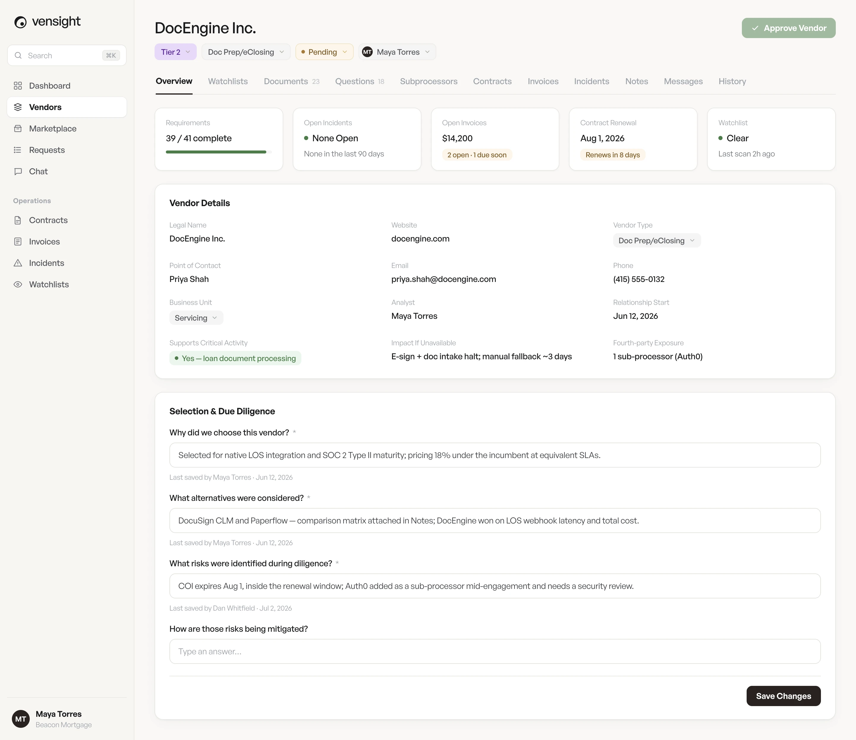 The Vensight vendor record for DocEngine Inc., showing tier, status, requirements, incidents, invoices, and contract renewal at a glance